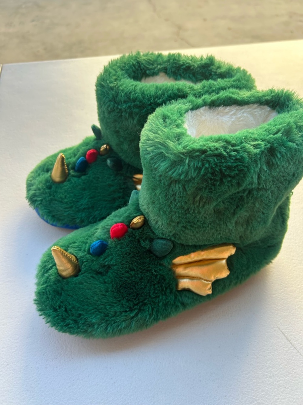 Mini Boden Green Plush Dragon Bootie Slippers with Gold Accents